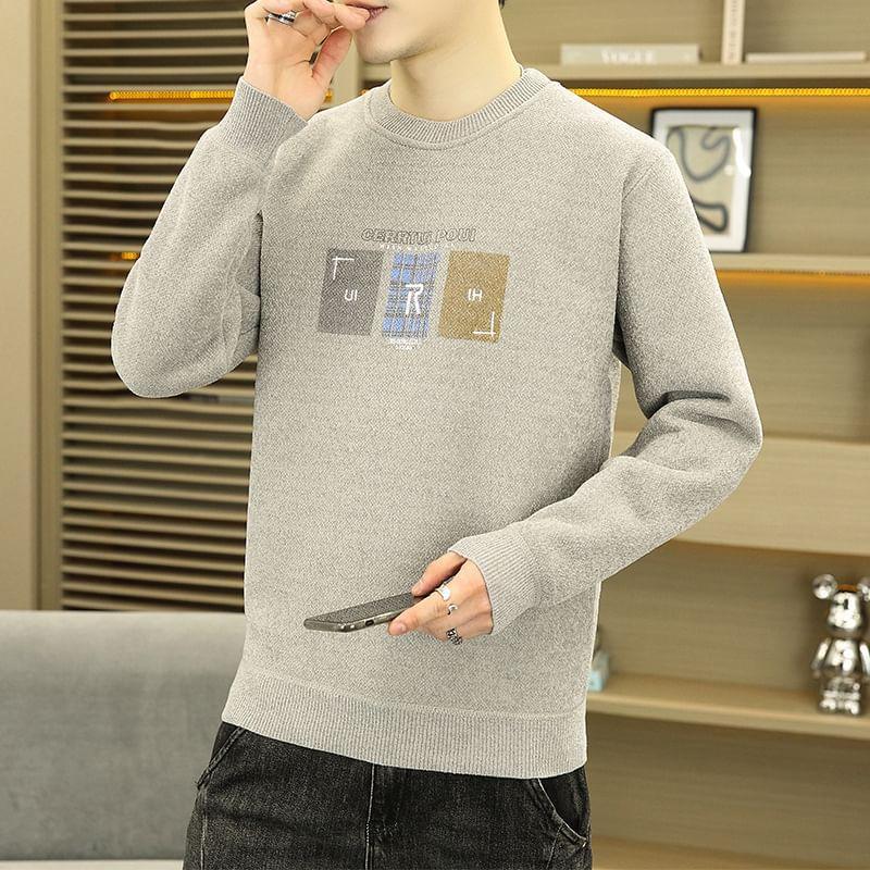 Long-Sleeve Crew Neck Lettering Sweater Product Image