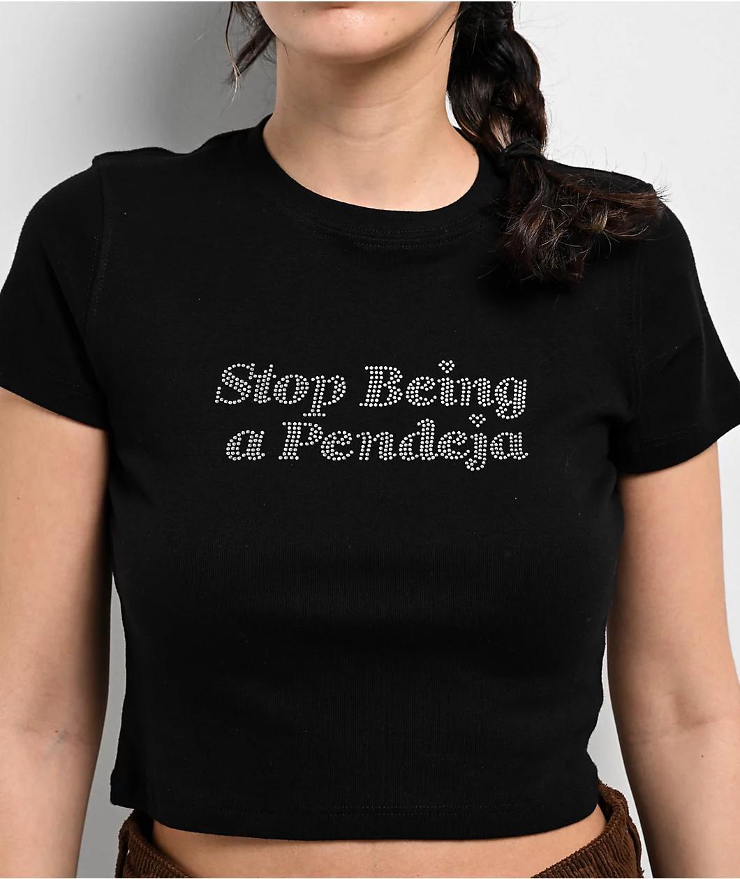 Bella Dona Stop Being A Pendeja Rhinestone Black Crop T-Shirt Product Image