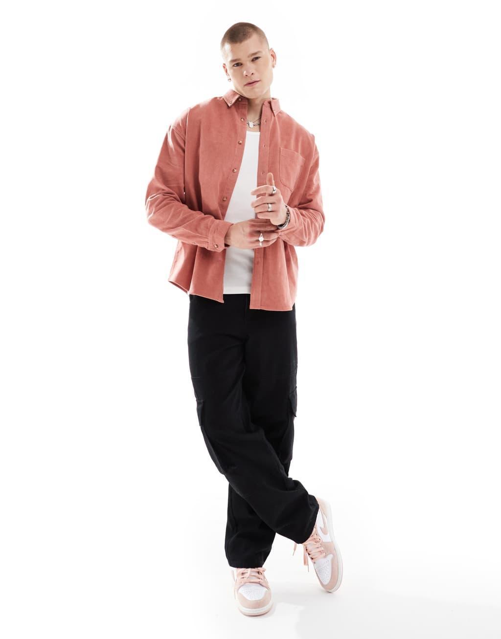 ASOS DESIGN '90s oversized cord shirt in pink Product Image