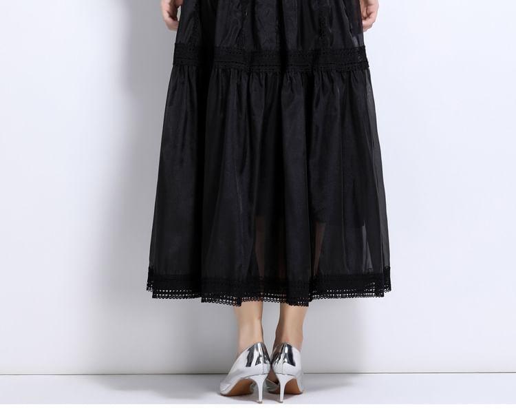 Cinched Sleeve Stand Collar Plain Panel Mesh Maxi A-Line Dress Product Image