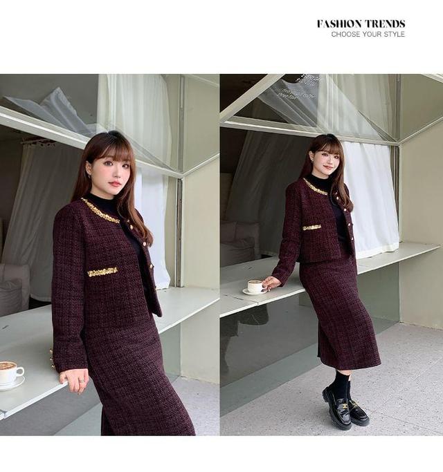 Set: Round Neck Sequin Tweed Button Jacket + High Waist Midi Straight Skirt Product Image