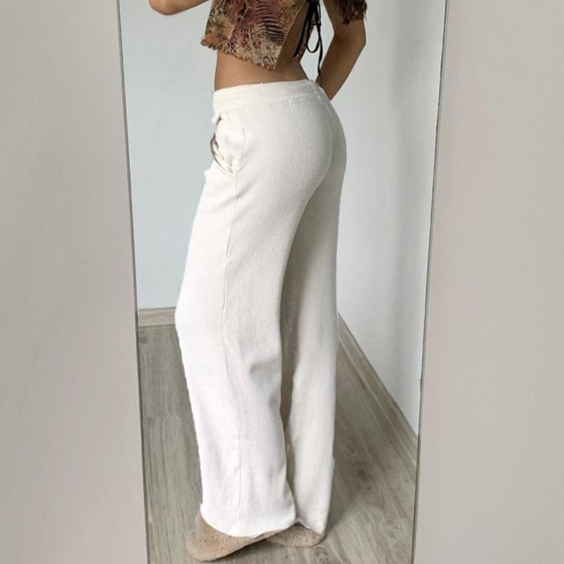 Low Rise Drawstring Plain Knit Straight-Fit Wide-Leg Pants Product Image