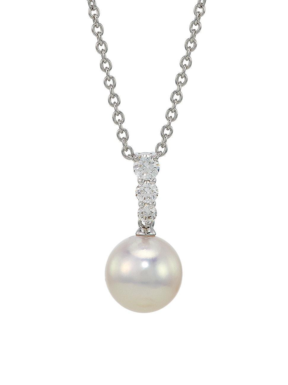 Womens Morning Dew 18K White Gold, 8MM Cultured Akoya Pearl & 0.16 TCW Diamond Pendant Necklace Product Image