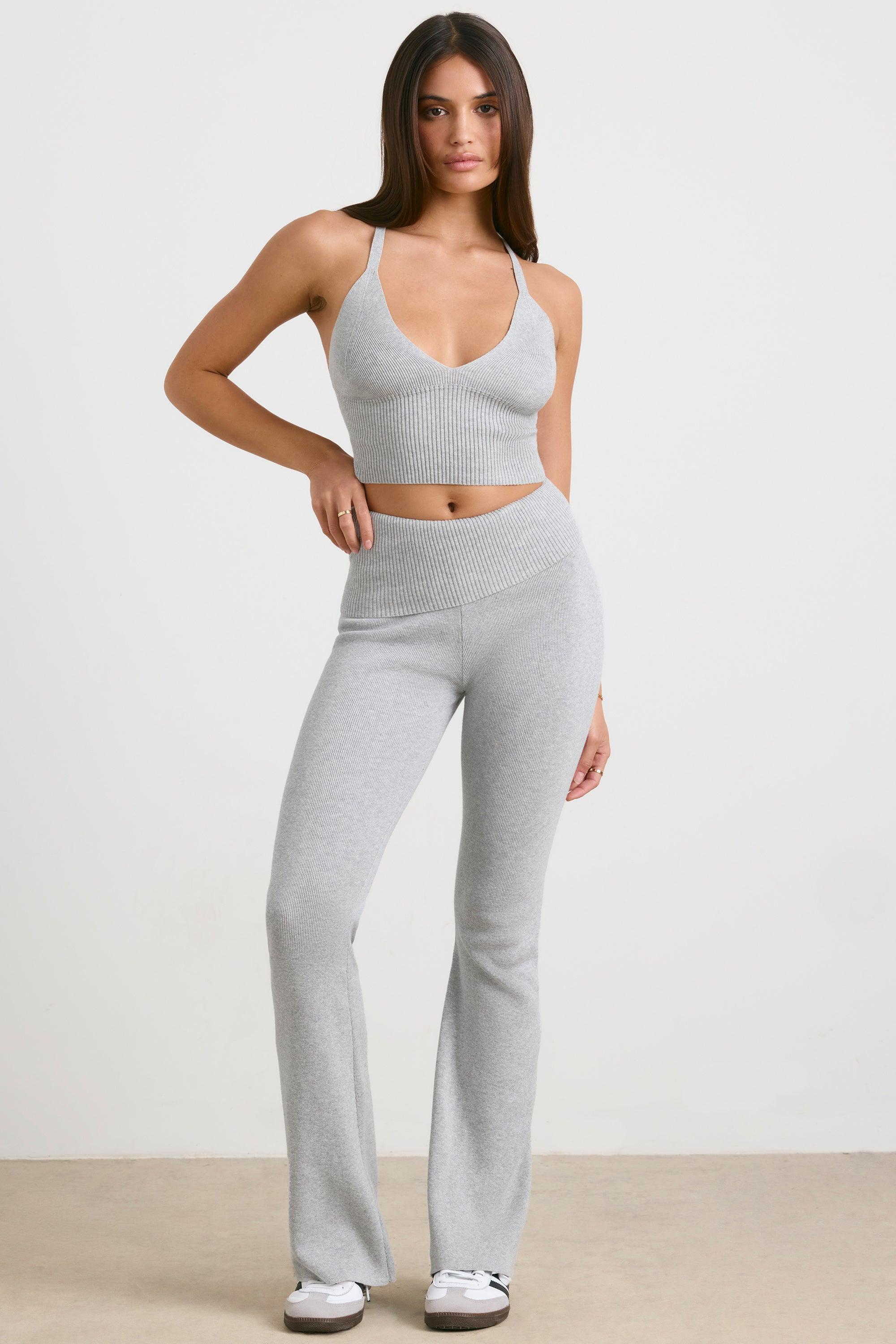 Petite Chunky Knit Kick Flare Trousers in Heather Grey Product Image