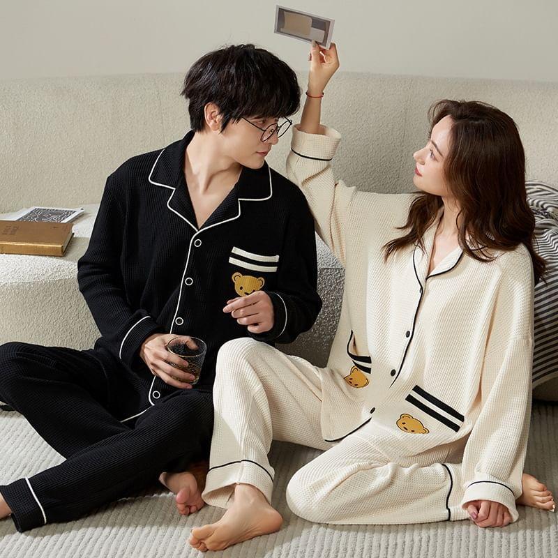 Couple Matching Loungewear Set : Long-Sleeve Bear Print Top + Pants Product Image