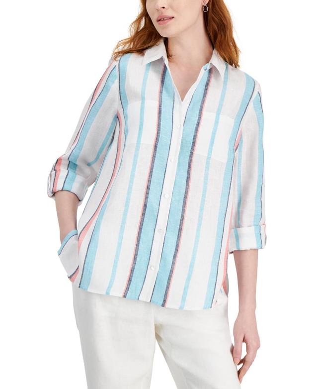 Charter Club Womens 100% Linen Hampton Stripe Tab-Sleeve Top, Created for Macys Product Image