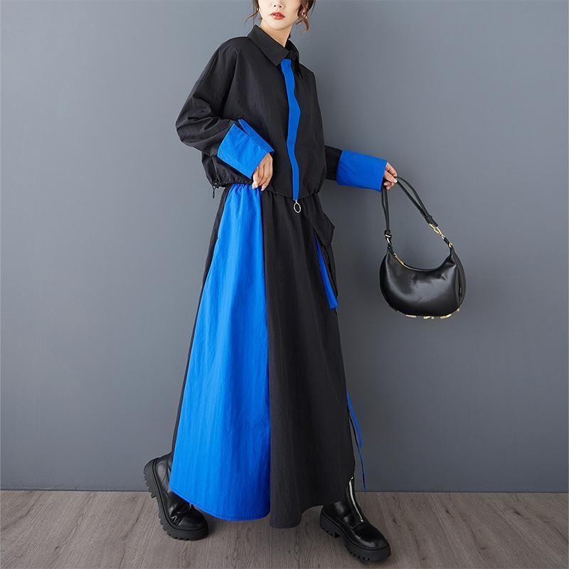 Set: Long-Sleeve Two Tone Crop Shirt + High Waist Maxi A-Line Skirt Product Image