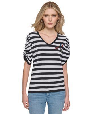 Karl Lagerfeld Paris Womens Ruched-Sleeve Striped Top Product Image