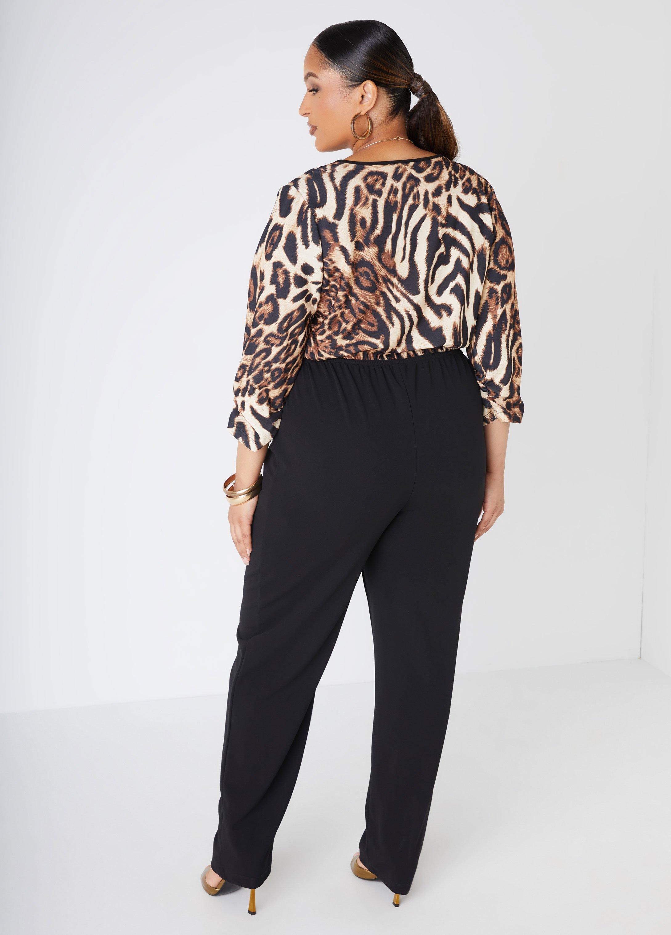 Leopard Paneled Faux Wrap Jumpsuit Product Image