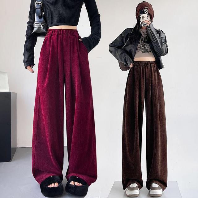 High Waist Plain Velvet Wide Leg Sweatpants Product Image