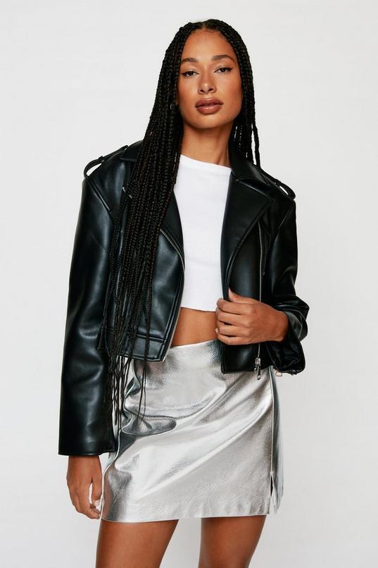 Faux Leather Cropped Biker Jacket Product Image