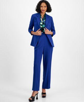 Bar Iii Womens Textured Crepe One Button Blazer Printed Satin Blouse Pull On High Waist Pants Created For Macys Product Image