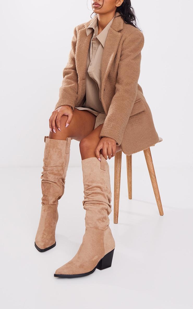 Beige Faux Suede Point Toe Ruched Western Knee Boots product image