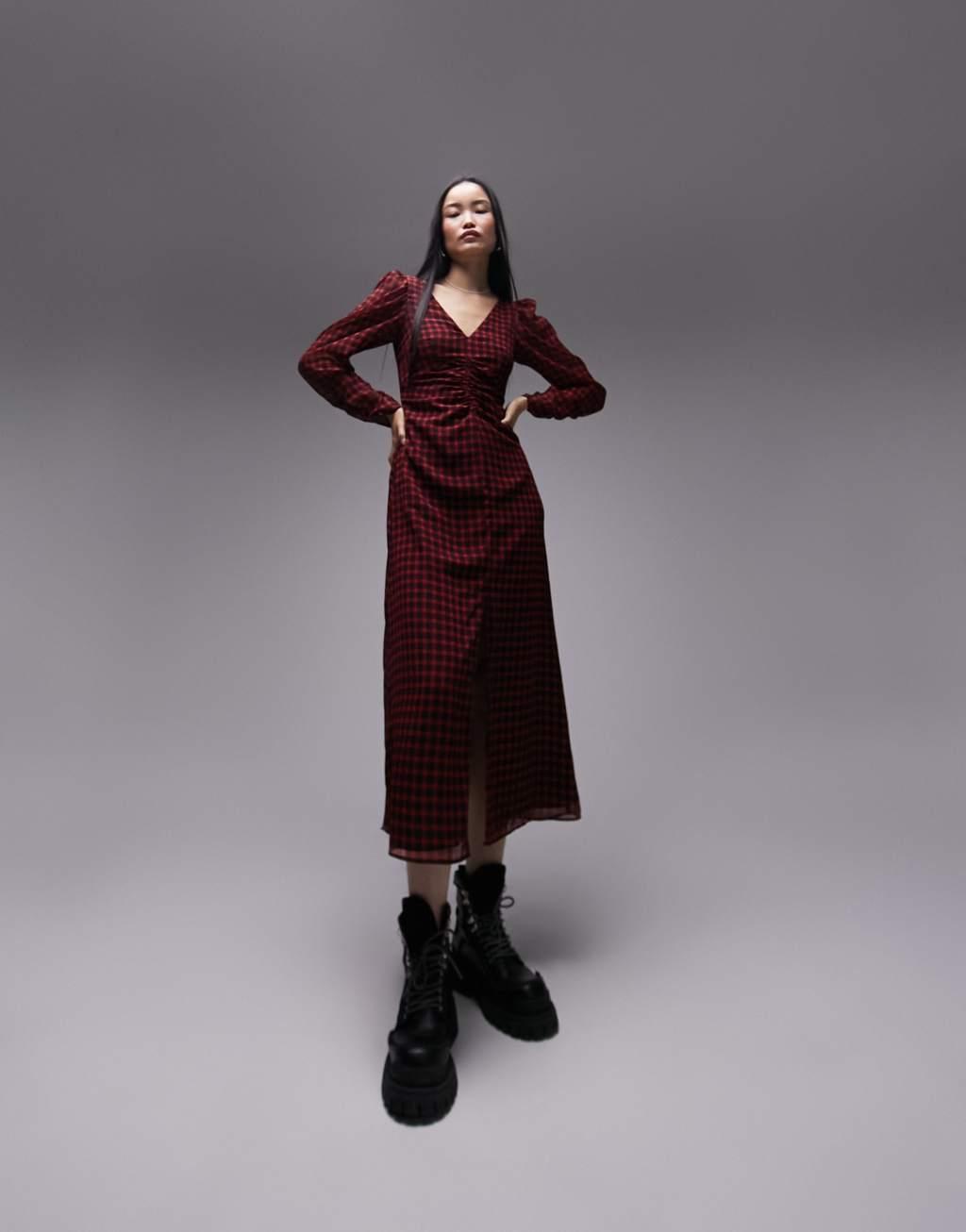 Topshop ruched front midi dress in red and black gingham Product Image