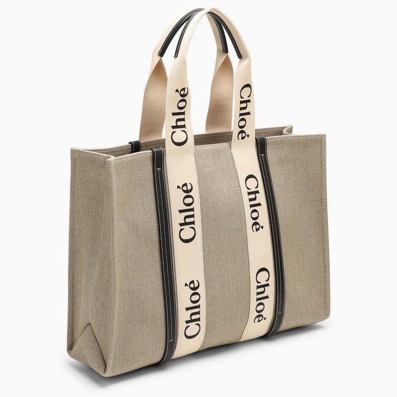 Beige & Navy Large Woody Tote In White Product Image