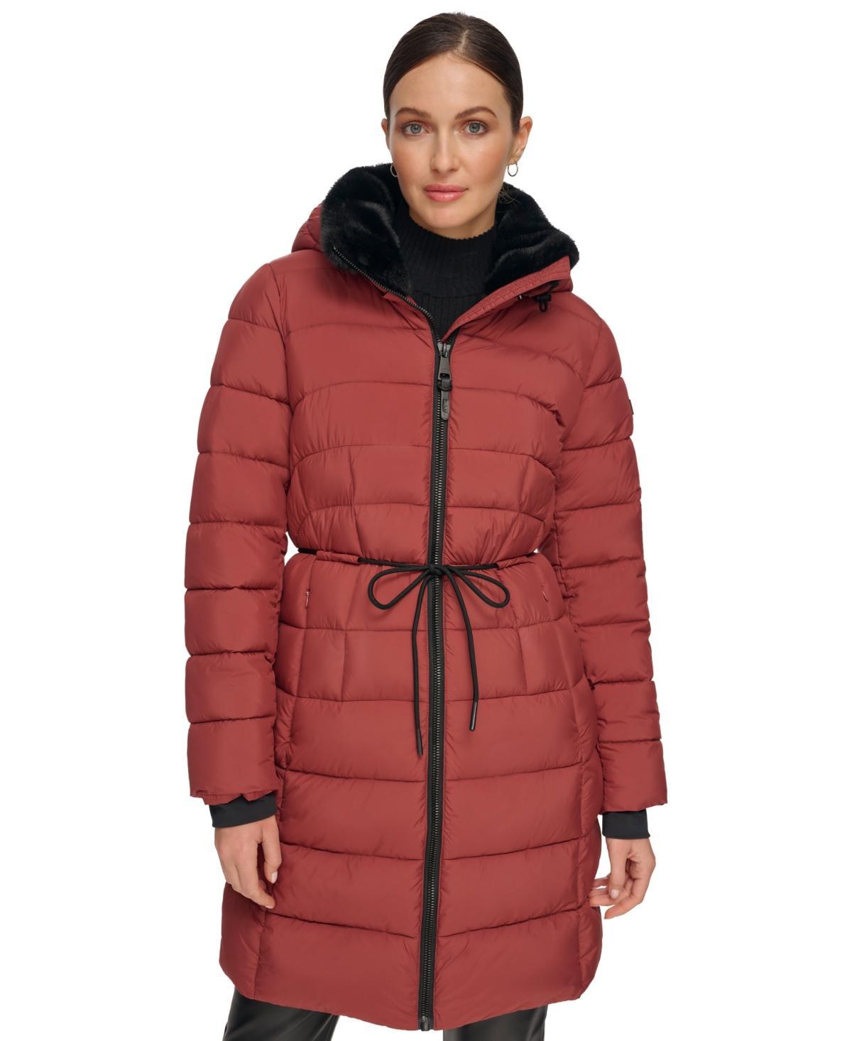 Dkny Womens Rope Belted Faux-Fur-Trim Hooded Puffer Coat Product Image