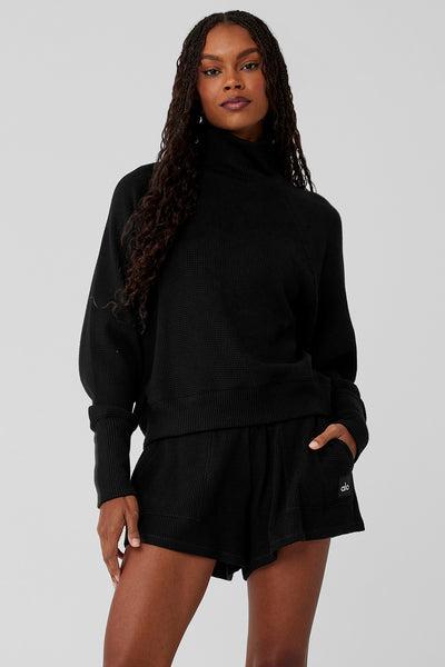 Waffle Weekend Escape Mock Neck Long Sleeve - Black Product Image