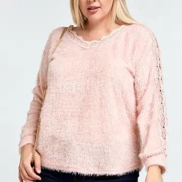 Pink Fuzzy V Neck Long Sleeve Knit Sweater Female Product Image