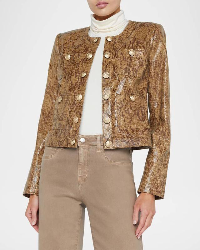 Jayde Snake-Printed Leather Collarless Jacket Product Image