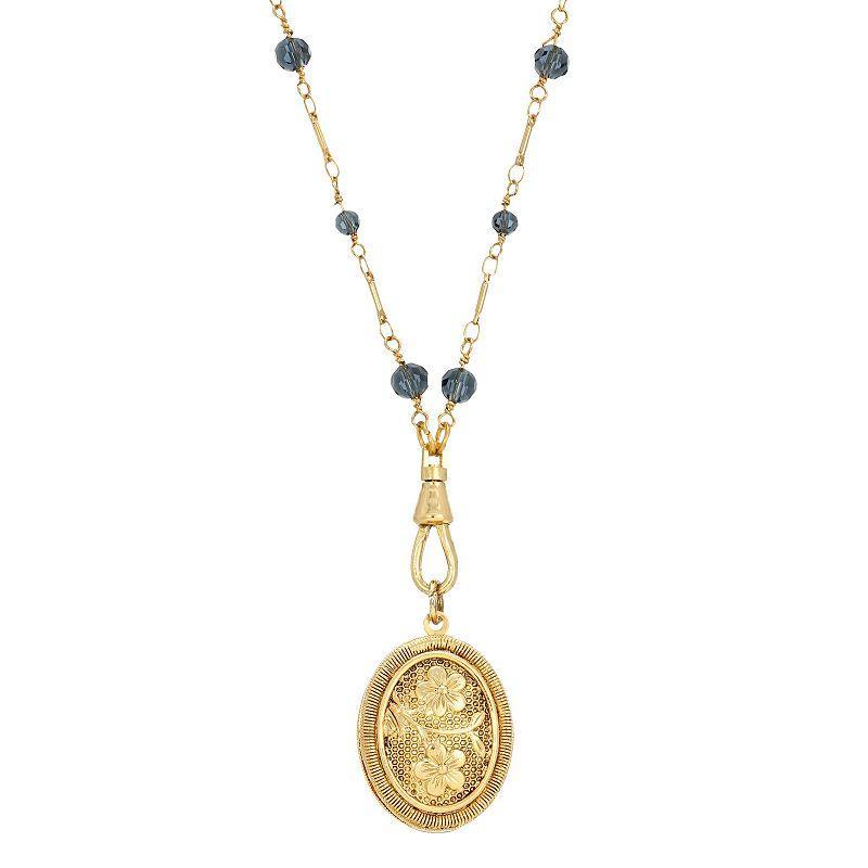 1928 Gold Tone Blue Beaded Oval Flower Locket Necklace, Womens Product Image