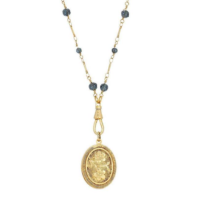 1928 Gold Tone Blue Beaded Oval Flower Locket Necklace, Womens Product Image