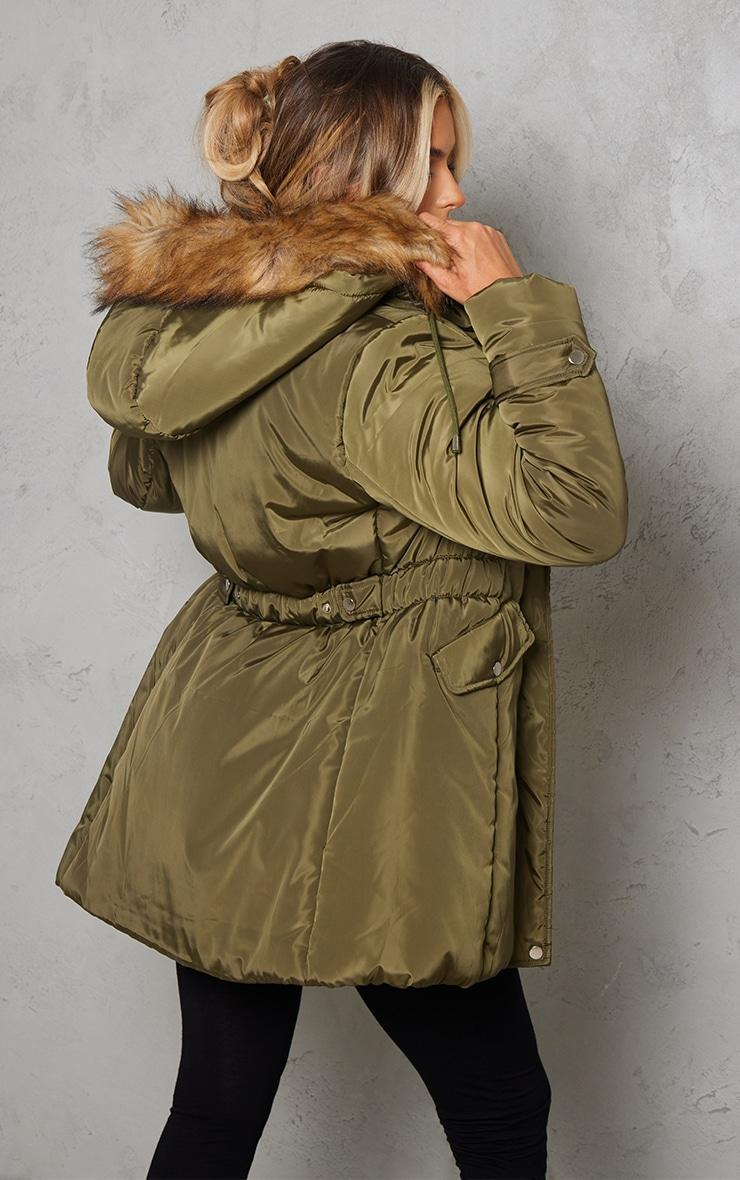 Khaki Faux Fur Hooded Elasticated Waist Longline Parka Product Image