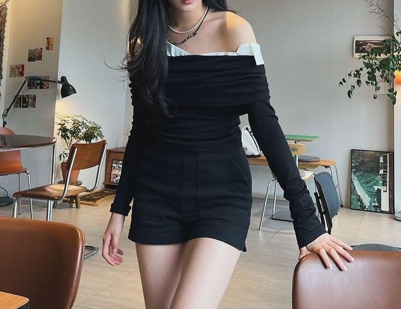 Long-Sleeve Off Shoulder Crop Top Product Image