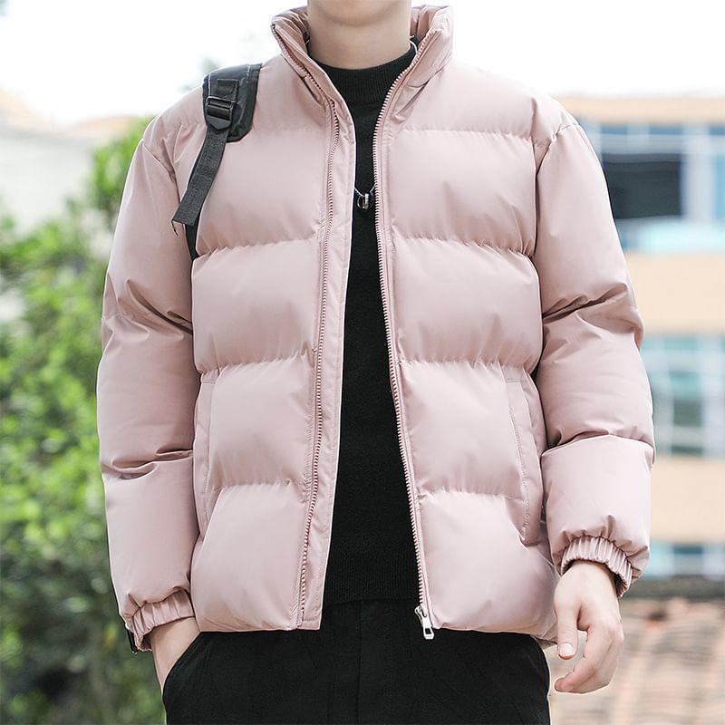 Stand Collar Plain Zip-Up Puffer Jacket Product Image