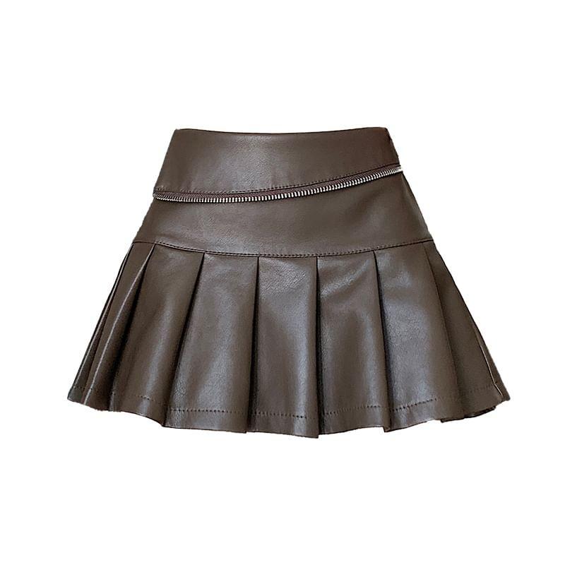 High Rise Plain Pleated Zipped Faux Leather Mini A-Line Skirt Product Image