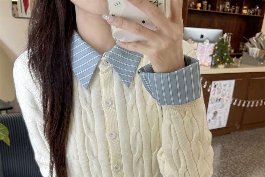 Collared Mock Two-Piece Striped Panel Cable Knit Button-Up Crop Cardigan Product Image