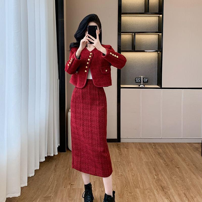 Set: V-Neck Plain Button-Up Tweed Crop Jacket + High Waist Pencil Skirt (Various Designs) Product Image