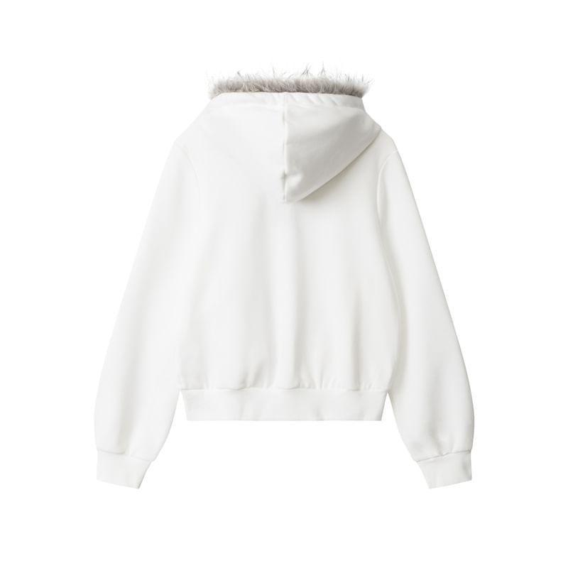 Long Sleeve Lettering Embroidered Furry-Trim Zip-Up Jacket Product Image