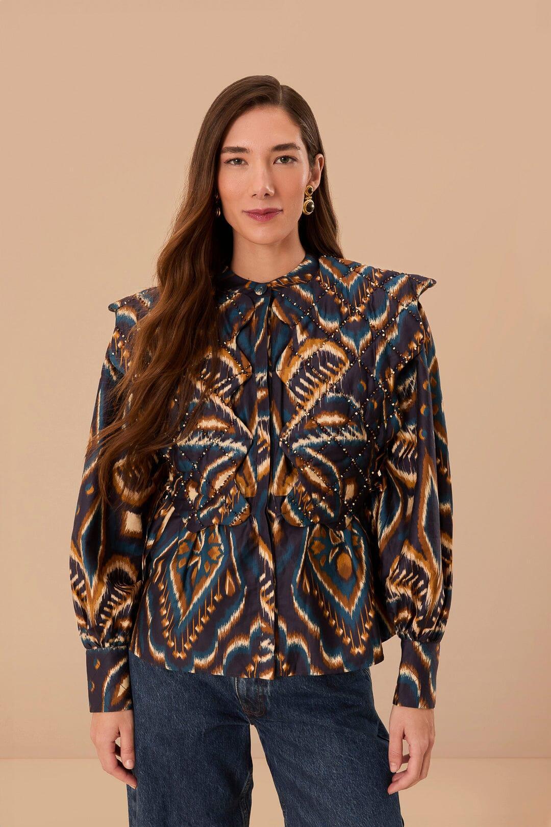 Blue Pineapple Ikat Long Sleeve Matelasse Blouse Product Image