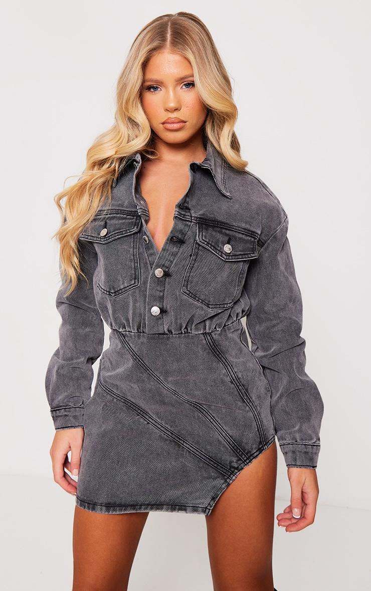 Washed Grey Seam Detail Curved Hem Denim Mini Dress Product Image