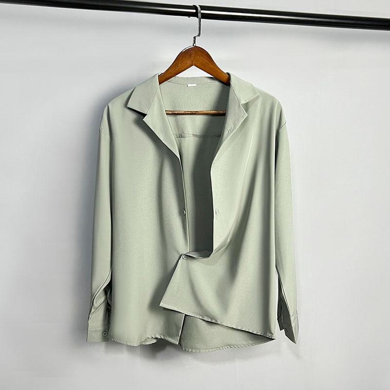 Long-Sleeve Lapel Collar Plain Button-Up Shirt Product Image