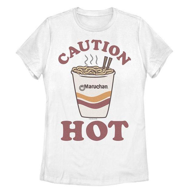 Juniors Maruchan Caution Hot Graphic Tee, Womens White Product Image