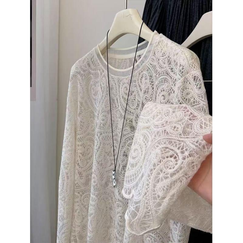 Long Sleeve Round Neck Floral Lace Top Product Image