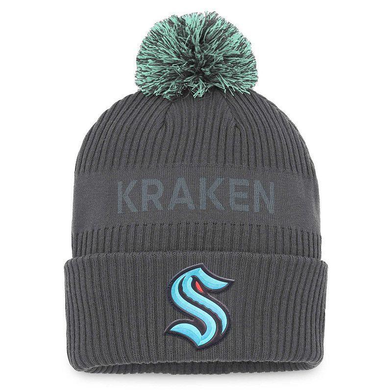 Mens Fanatics Branded Charcoal Seattle Kraken Authentic Pro Home Ice Cuffed Knit Hat with Pom, Grey Product Image