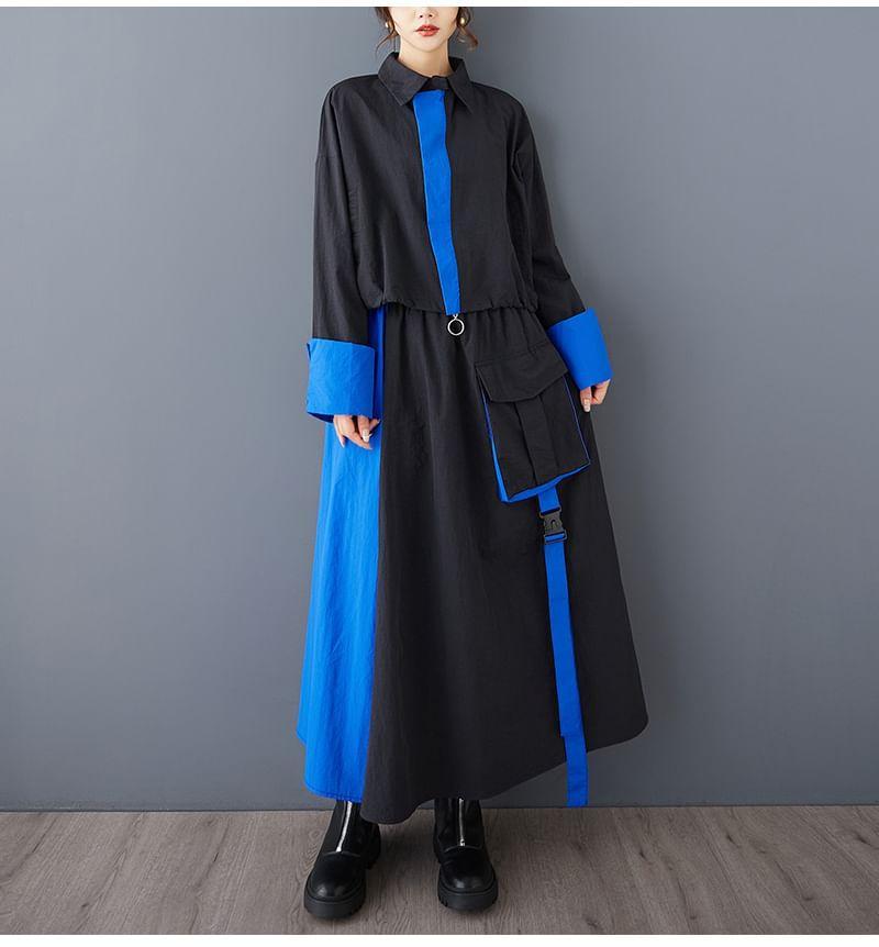 Set: Long-Sleeve Two Tone Crop Shirt + High Waist Maxi A-Line Skirt Product Image