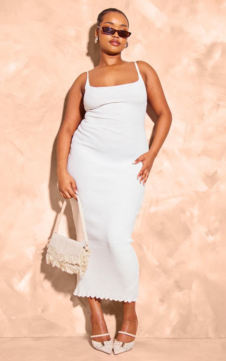 Plus Cream Knitted Ribbed Edge Detail Midi Dress product image