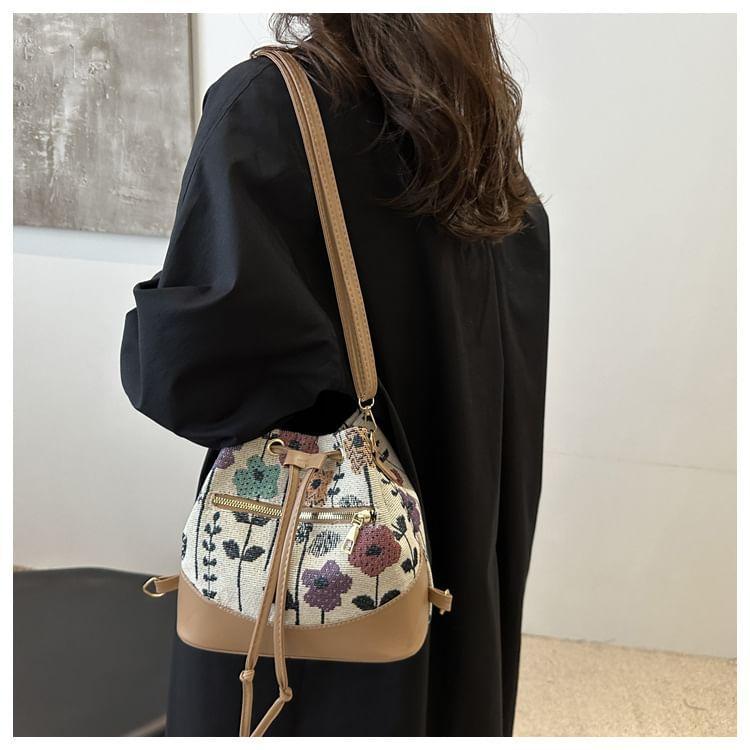 Floral Jacquard Faux Leather Panel Drawstring Backpack Product Image