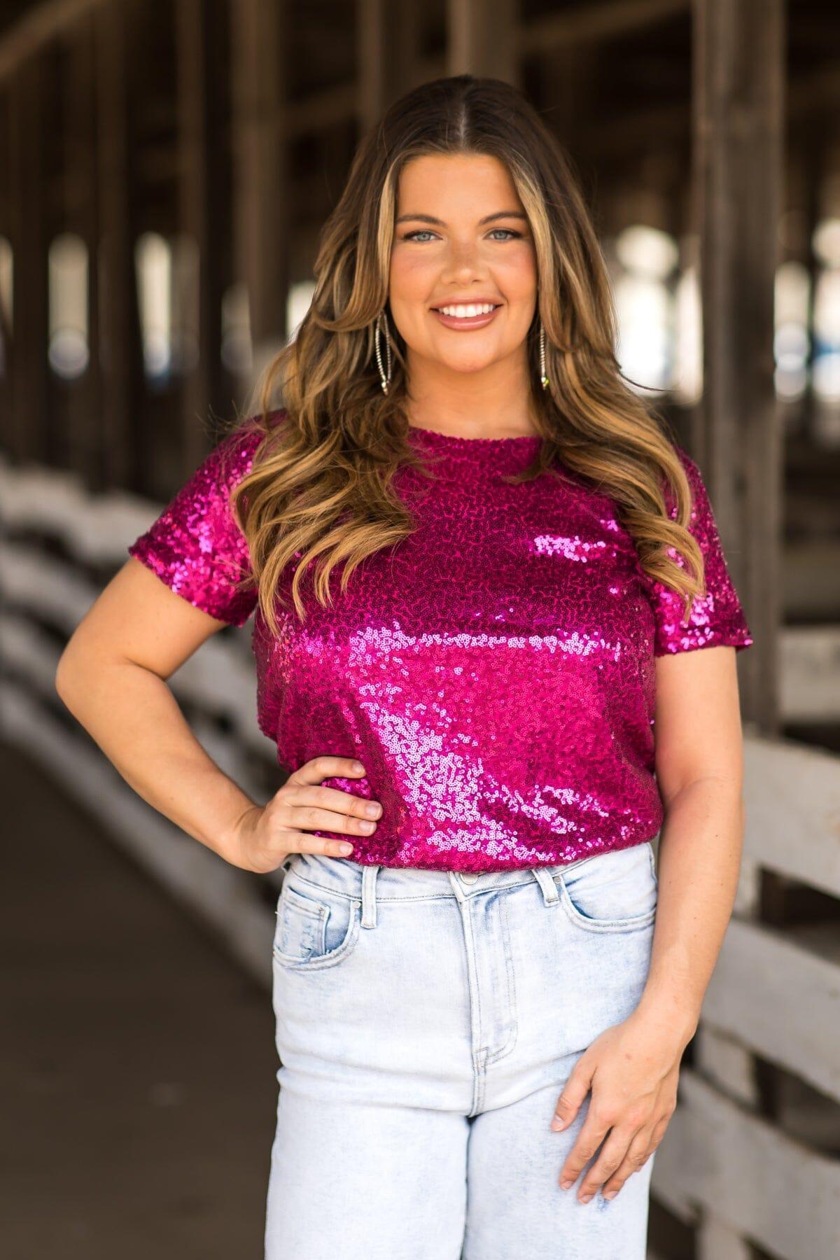 Fuchsia Sequin Short Sleeve Top Product Image