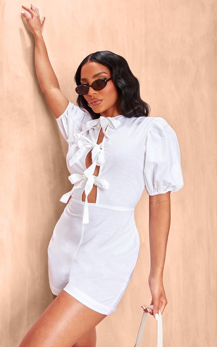 White Linen Tie Front Short Sleeve Romper Product Image