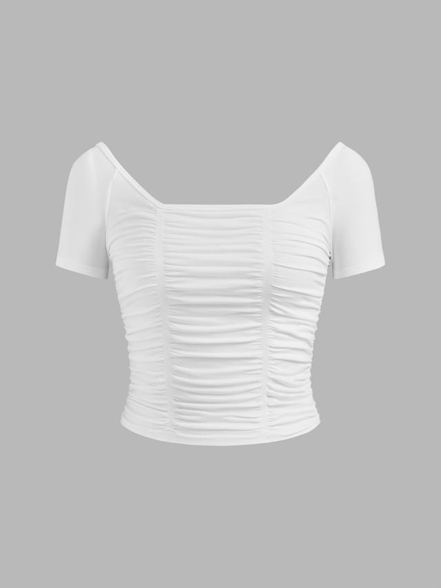 Seamless Square Neck Solid Ruched Crop Short Sleeve Top Product Image