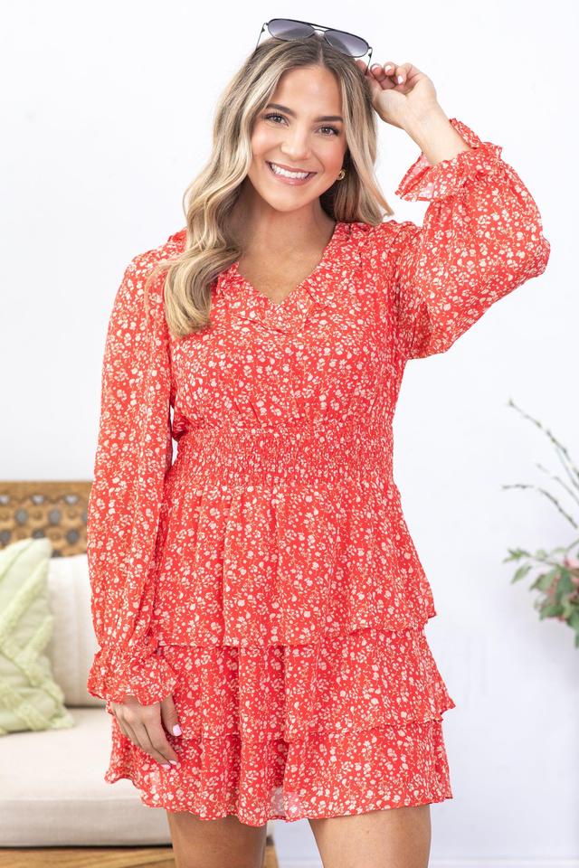 Red Ditsy Floral Smocked Waist Dress Product Image