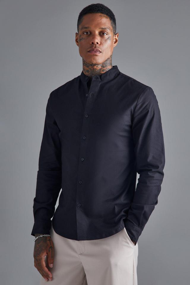 Long Sleeve Grandad Collar Slim Shirt | boohooMAN USA Product Image