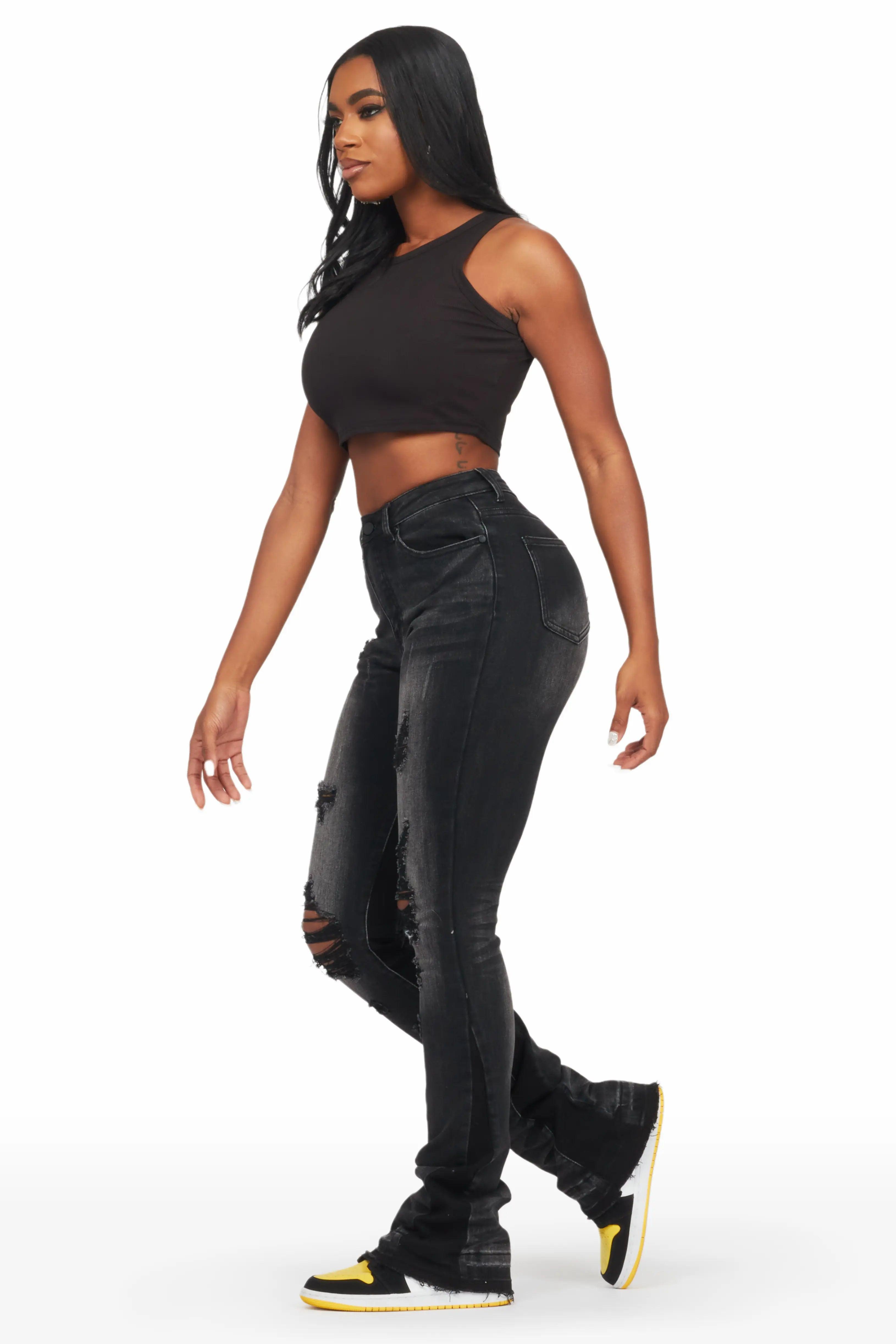 Jazminn Black Wash Stacked Flare Jean Female Product Image