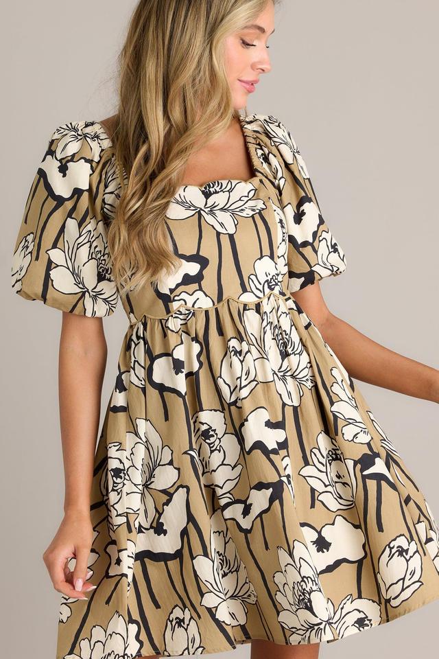 Whispering Moonlight 100% Cotton Taupe Floral Mini Dress Product Image