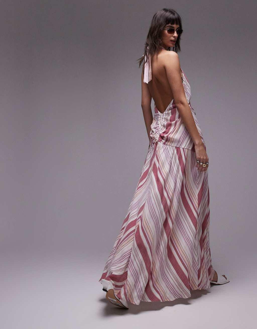 Topshop halterneck ruched front textured maxi dress in pink stripe Product Image