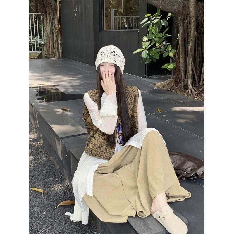 V-Neck Plaid Button-Up Vest / Long-Sleeve Plain Asymmetrical Tunic Blouse / High Waist Culottes Product Image